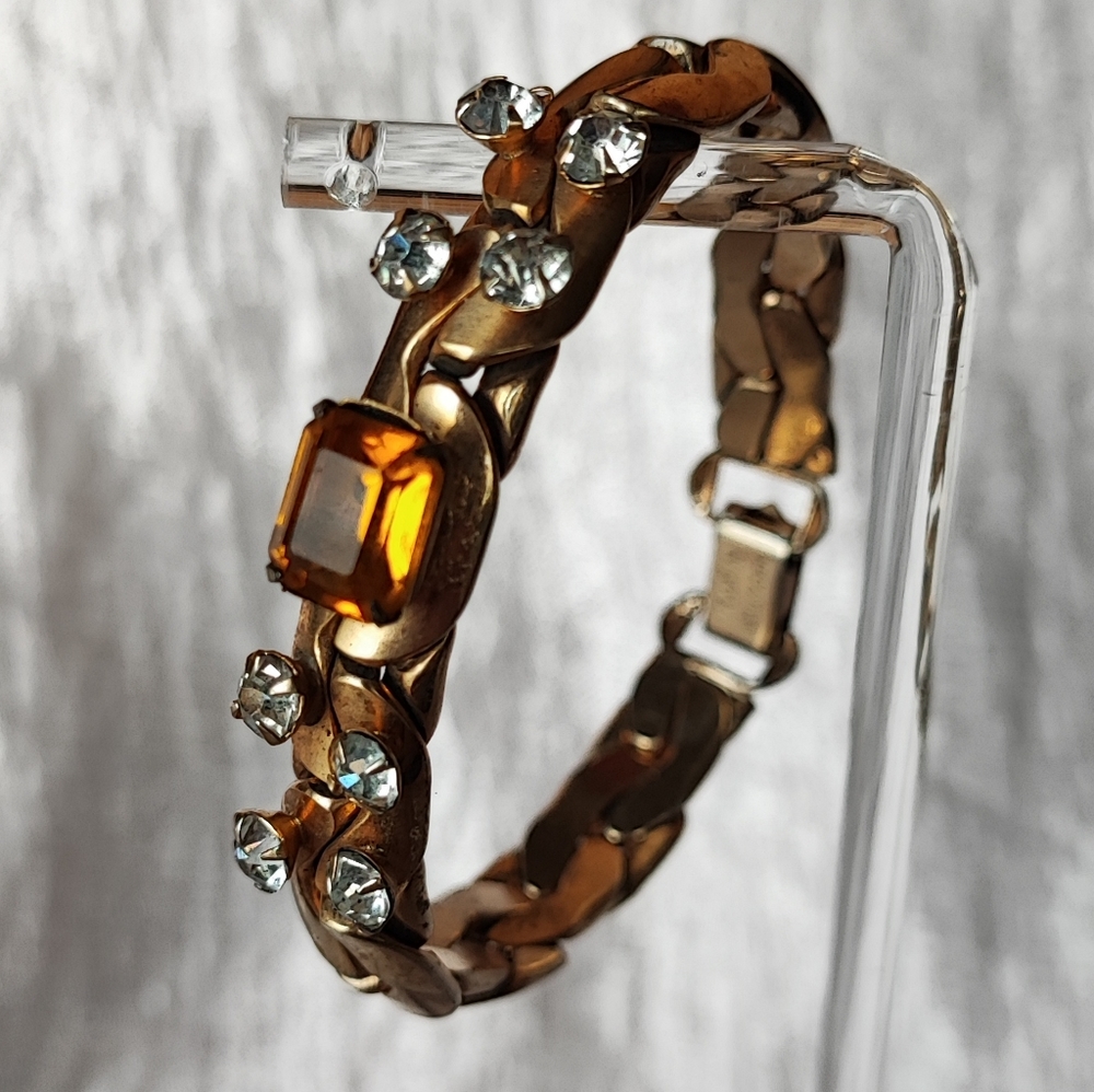 KAFIN New York Signed Vintage Gold Tone Link Bracelet Prong Set Topaz Citrine